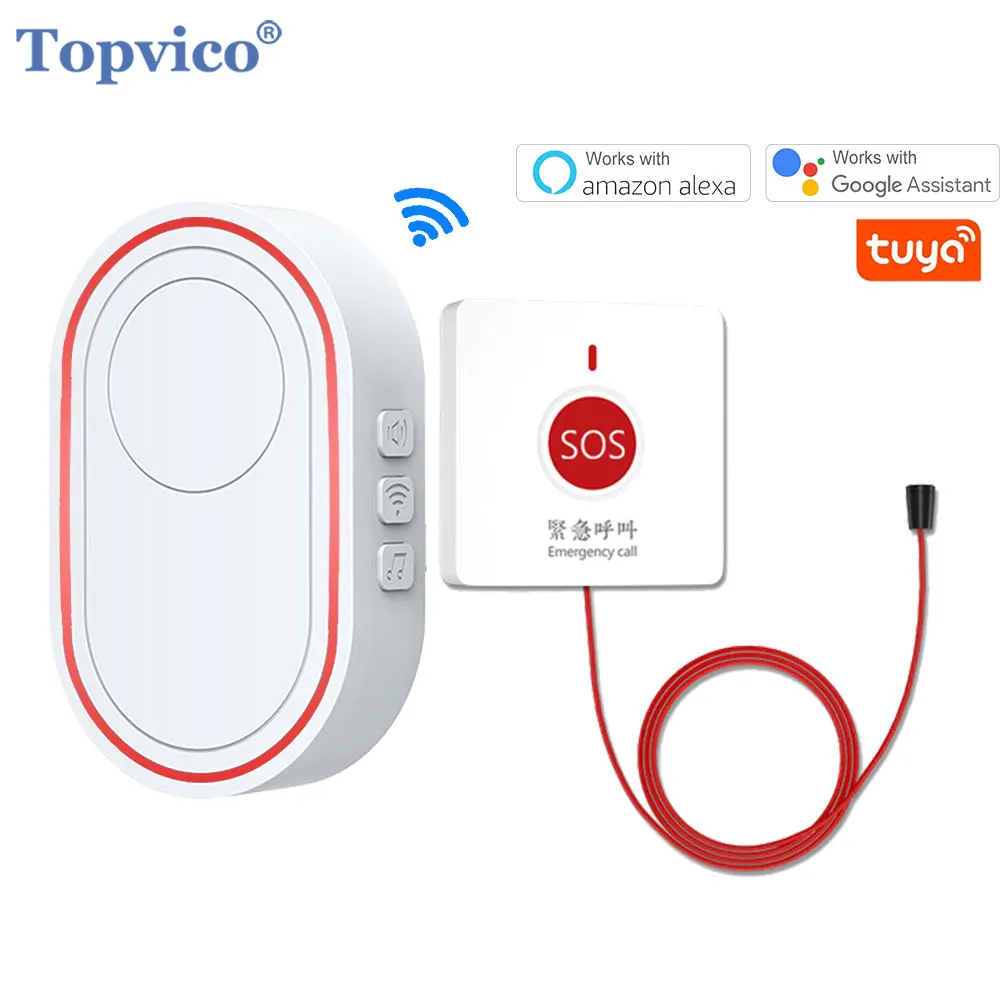 Topvico Emergency Button WiFi Elderly Patient Tuya Bed Alarm System Panic SOS Fall Alert Senior Wireless Caregiver Pager Call topvico smart wifi panic button for elderly sos alarm wireless caregiver pager fall alert emergency call alexa google home tuya