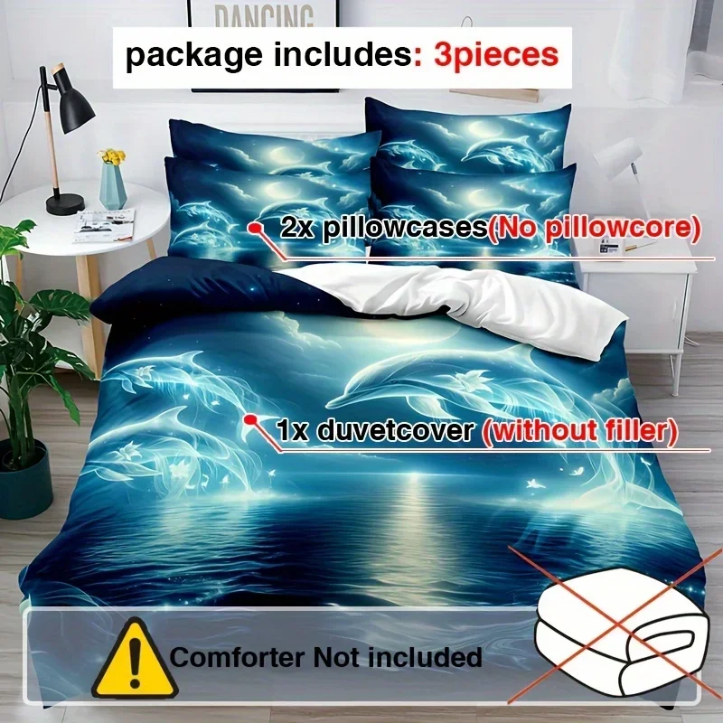 3pcs Dolphin Duvet Cover Set, Super Cute Animal Print Dolphins Quilt Cover With Pillowcase, Comfortable Breathable Bedding Set