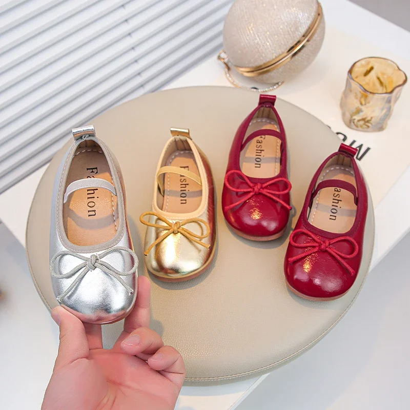 Leather Kids Ballet Shoes Wine Red Classic Bowknot