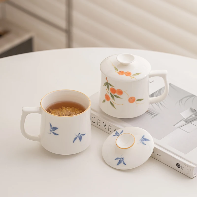 Chinese Style Pattern Ceramic White Porcelain Personal Tea Mugs, Personal Creative With Cover, Milk Water Coffee Cup, 350ml, 1Pc