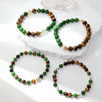 Lii Ji Natural Stone Green Jade Tiger's Eye  6/8mm With Crystal American 14K Gold Filled Elastic Bracelet