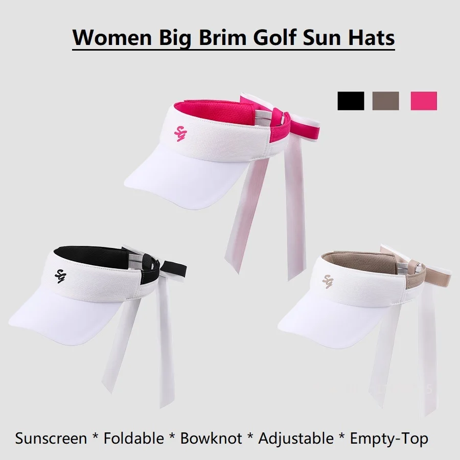 Women Summer Visors Hat UV-Resistant Foldable Golf Sun Cap Wide Large Brim Beach Bowknot Hats Elegant Sports Headcover