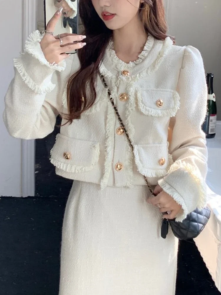 2023 Spring Casual Tow Piece Sets Women White Short Tweed Jacket + Fashion Korean Long Skirt Female Elegant Chic Slim Sweet Suit