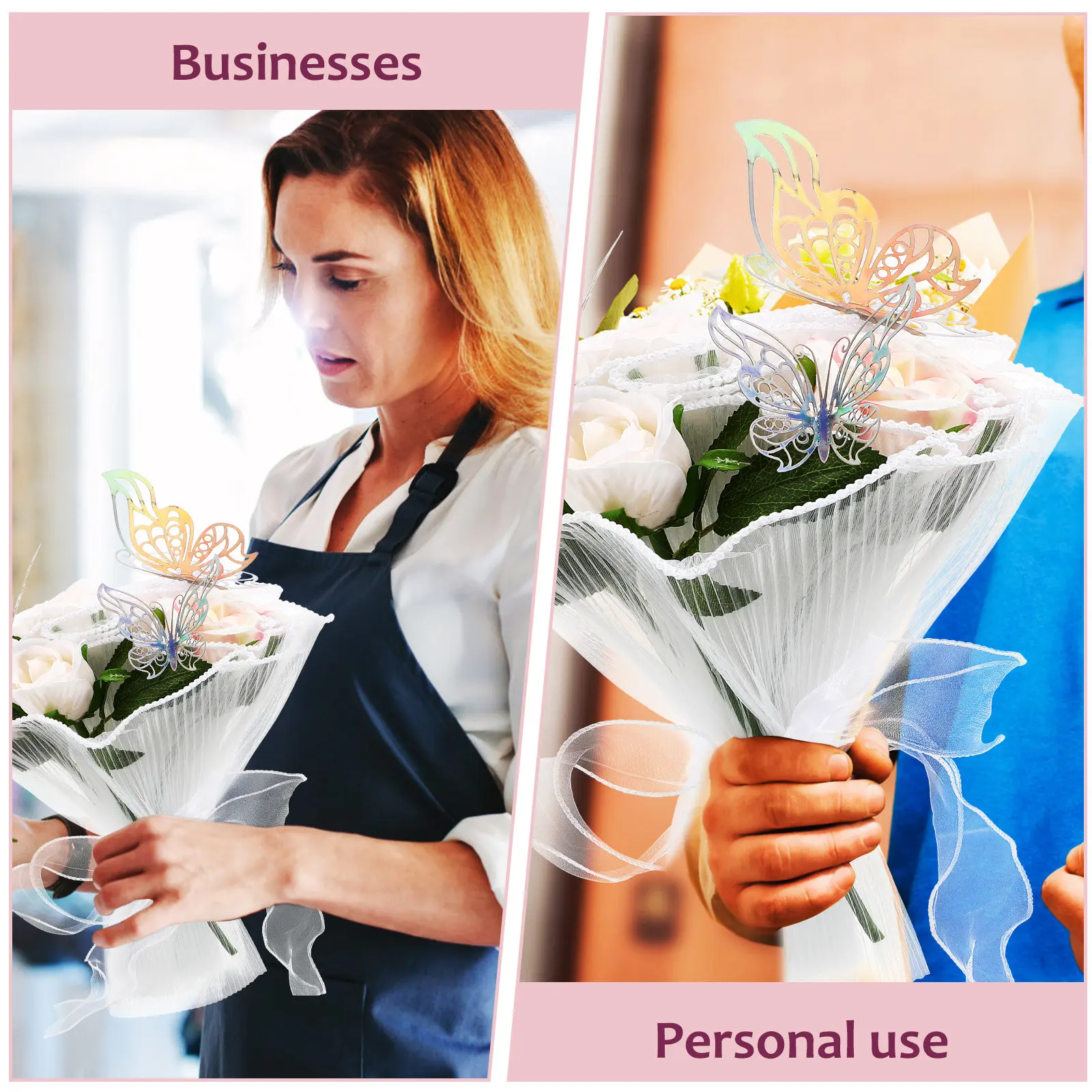 1세트 진주망사 꽃다발 포장용 꽃무늬 종이 나비 장식 우아한 부드러운 원사 소재 리본 용품