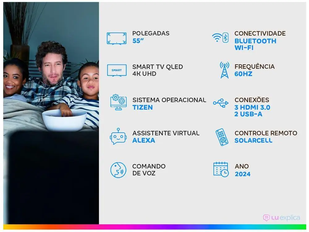 Smart TV 55" 4K UHD QLED Samsung 55Q60DA Wi-Fi Bluetooth Alexa 3 HDMI 2 USB 2