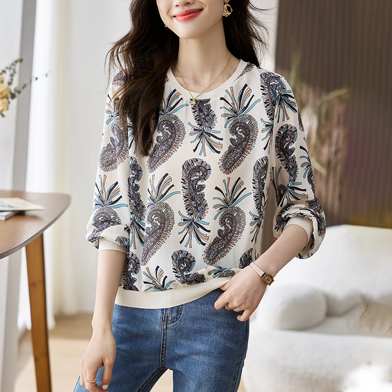 

2024 New Spring And Autumn High-end Korean Hemp Print Round Neck Long Sleeve Loose Casual Temperament Pullover Top T860