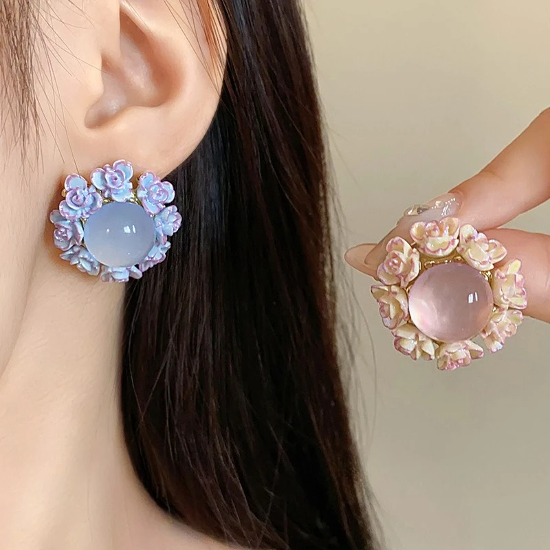 Round Flower Earrings Jewelry Charm Summer Trendy Lightweight for Women Ladies Dangle Drop Earrings for Valentine's Day Gift