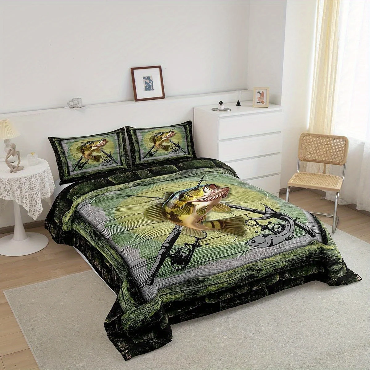 2/3Pcs Fishing Hunting Comforter Set, Pike Bass Fish Pattern Rustic Wooden Bedding with Pillowcases, All Season Soft Warm
