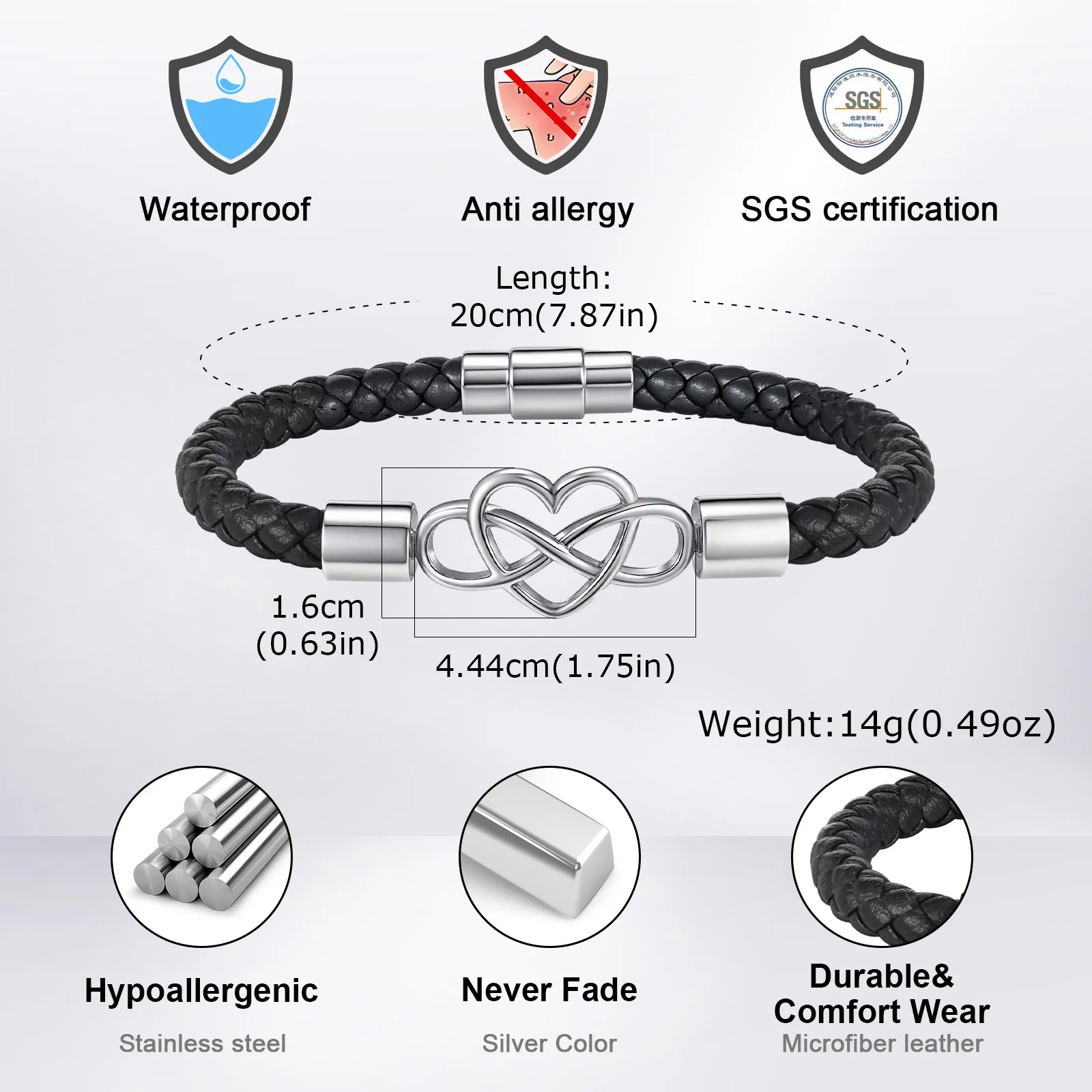 Black Microfiber Leather Rope Bracelet for Men,Infinite Hart-shaped Stainless Steel Bracelet,Anniversary Gifts for Him