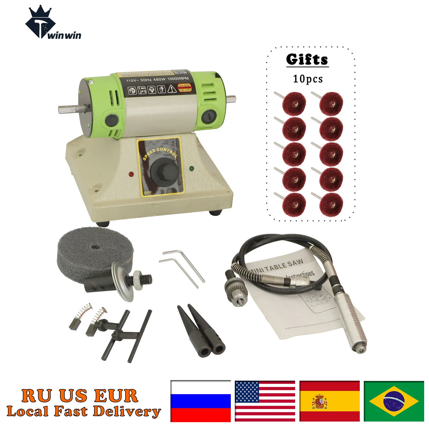 

480W Mini Bench Buffer Polisher: Jewelry Rock Polishing and Grinding Machine with Variable Speed (0~10000 RPM)