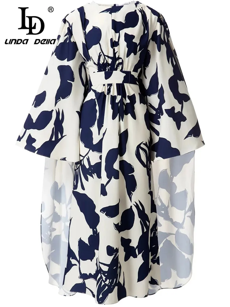 

LD LINDA DELLA 2023 New Spring Fashion Runway Dress Women's 3/4 sleeves Sashes Printed Loose Midi Dresses