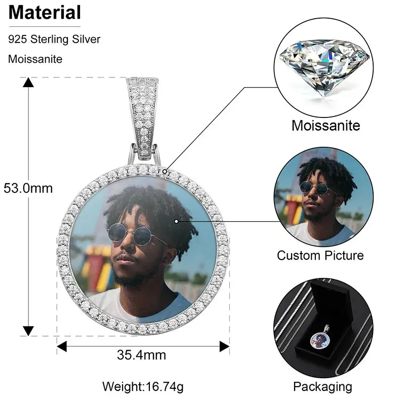Drop Shipping Hip Hop Jewelry Custom VVS Moissanite Photo Pendant Iced Out 925 Sterling Silver Picture Pendant Necklace