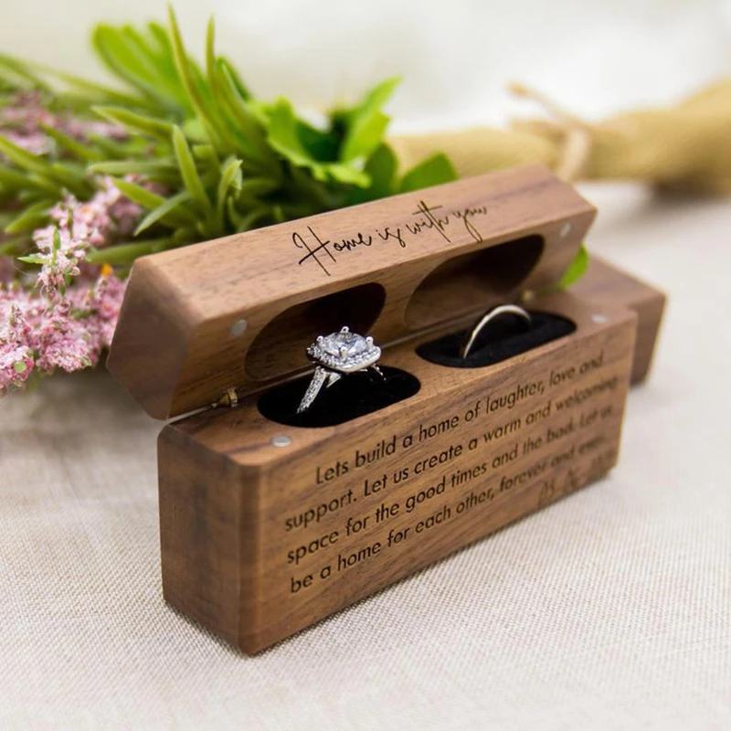 Ring Box for Wedding Ceremony Wooden Double Ring Bearer Holder for Wedding Engagement Jewelry Boxes Walnut Holder Dropship