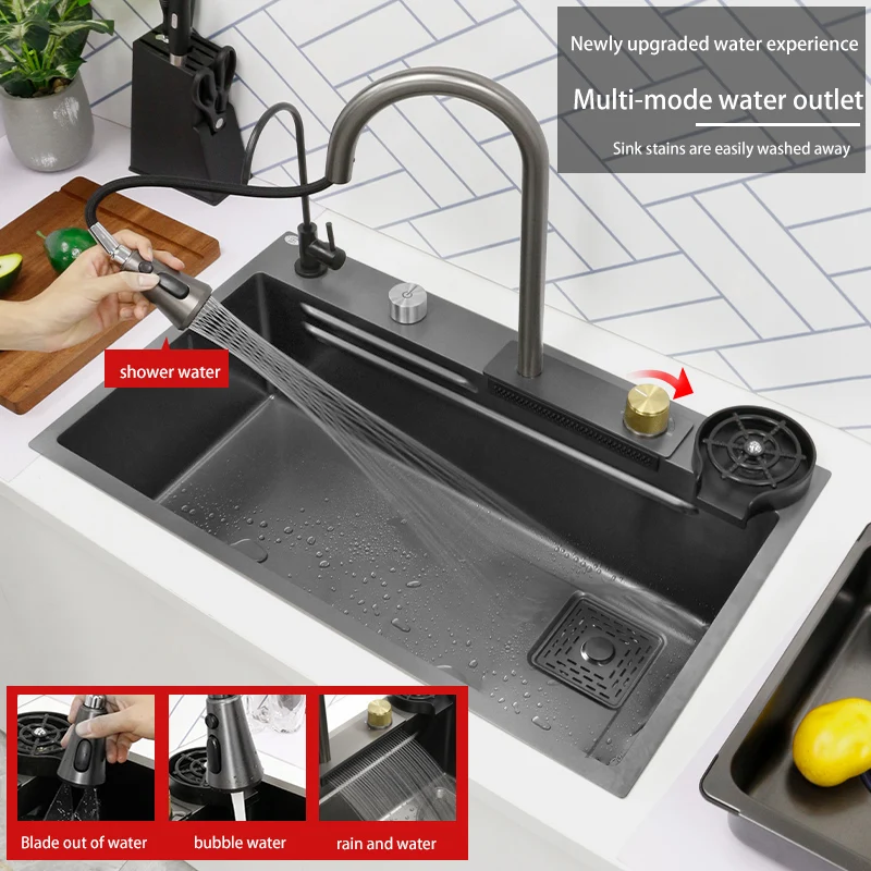New Black Nanometer Stainless Steel 304 Waterfall Kitchen Sink 3mm Thickness Large Single Slot Above Mount Waterfall Faucet