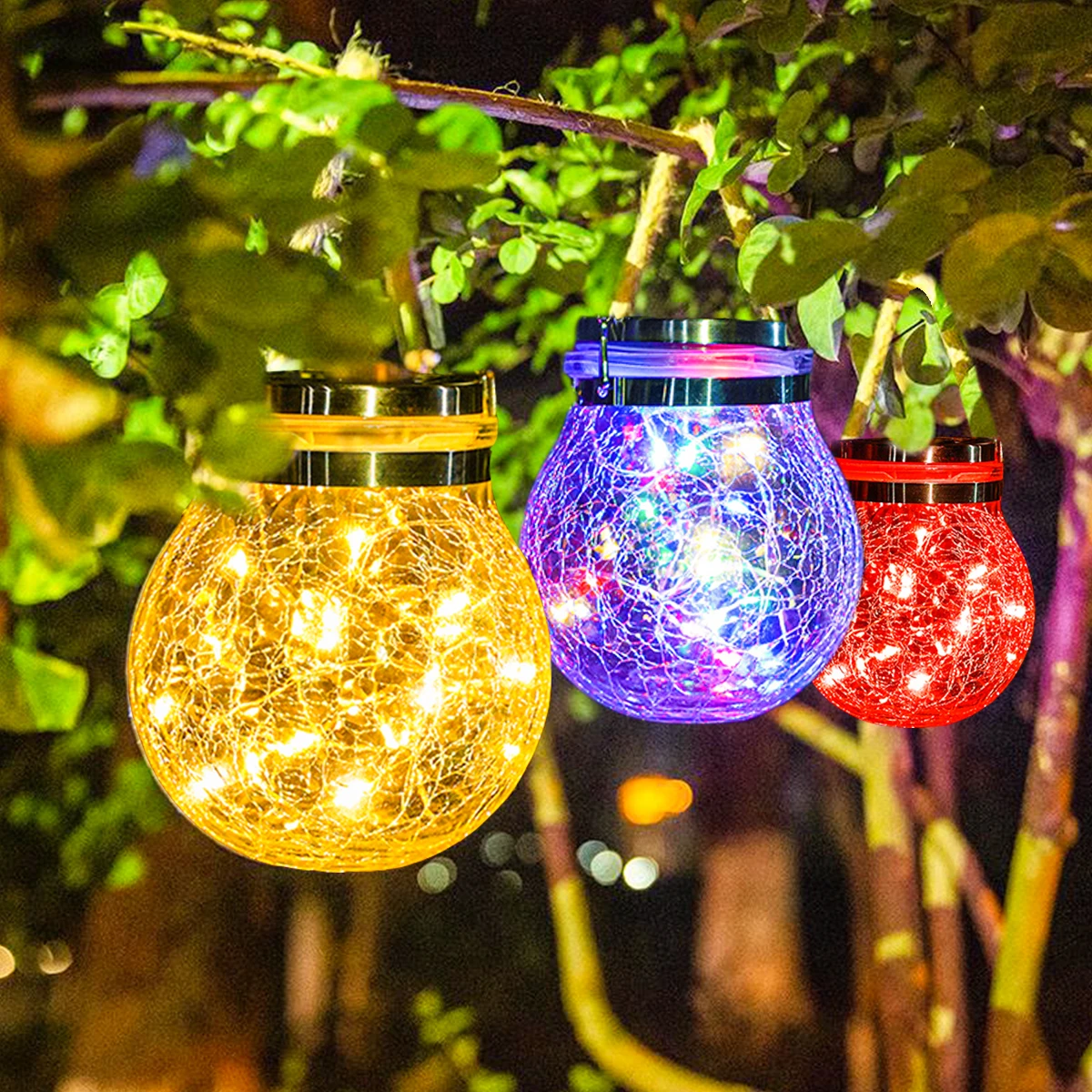 Lanterne solaire suspendue à 20led, imperméable, boule de verre craquelé, luminaire décoratif d'extérieur, idéal pour un jardin, un balcon, une cour ou une pelouse