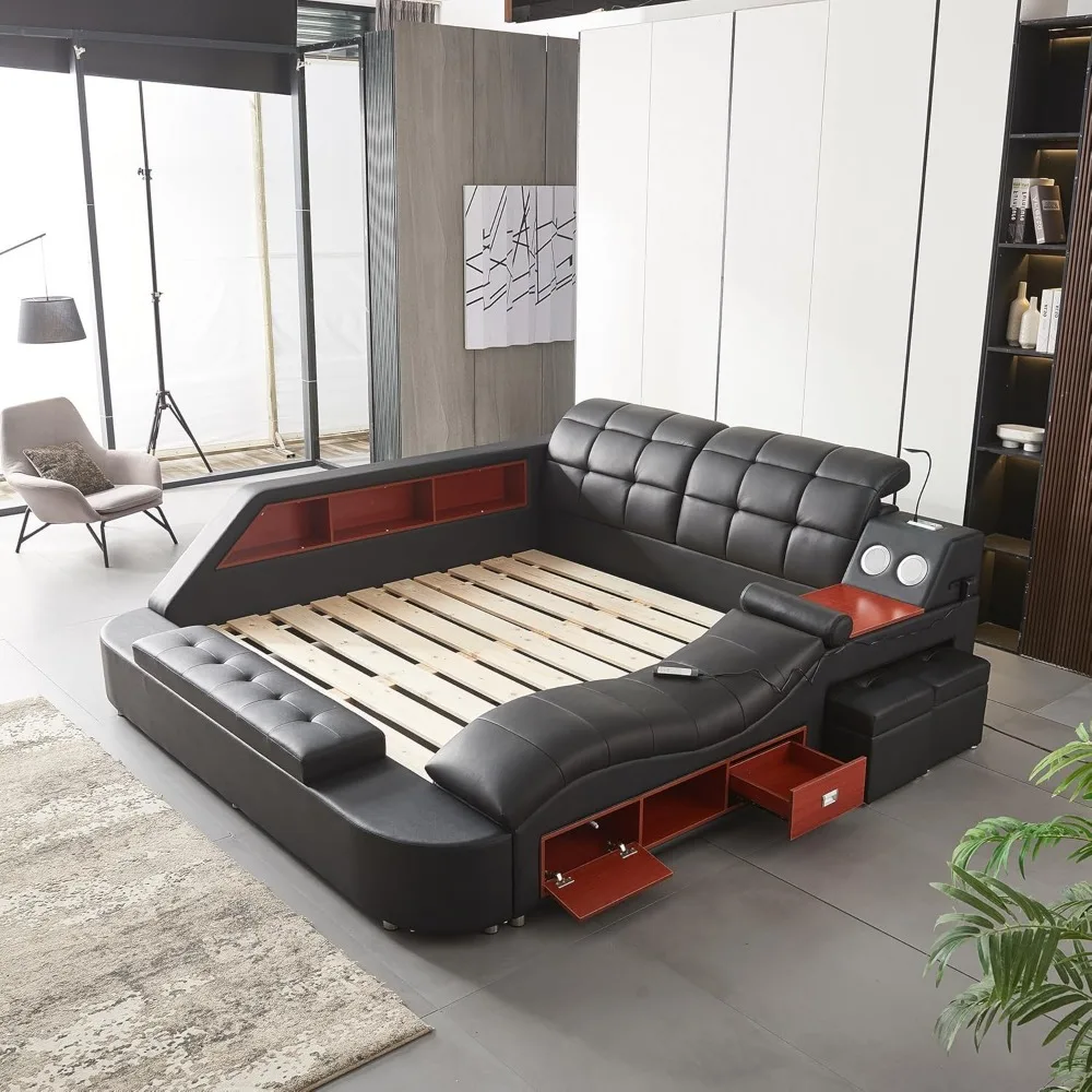 Multifunctional King Bed Frame, Modern Luxury Smart Bed with Massage Recliner on Right/Music Speaker/USB Port/Storage Drawers 3