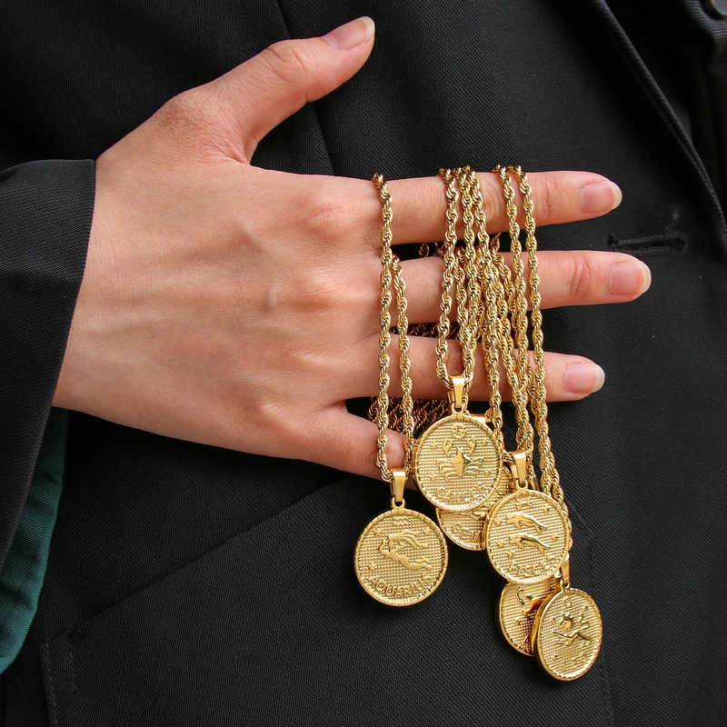 Zodiac Dial Pendant Stainless Steel Necklace - Gold