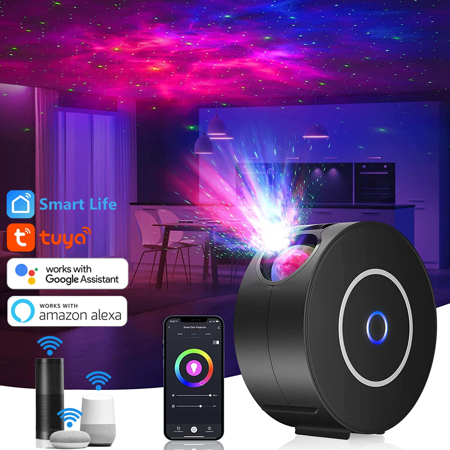 Galaxy Projector Light Tuya Smart Life Smart Star Projector APP Work With  Alexa Google Home Colorful Starry Sky LED Night Light, Sky Sky