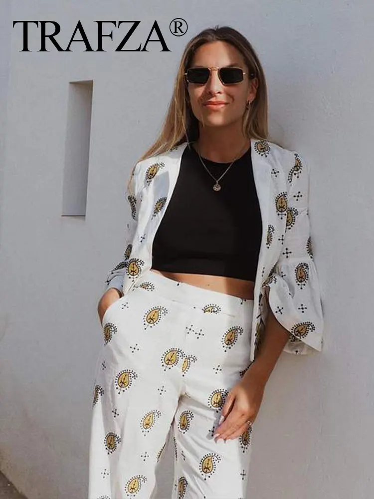 HH Women Embroidery Paisley Blouse Pant Sets Long Sleeve Cardigan Coat Straight Trousers Fashion Y2K High Street Sets