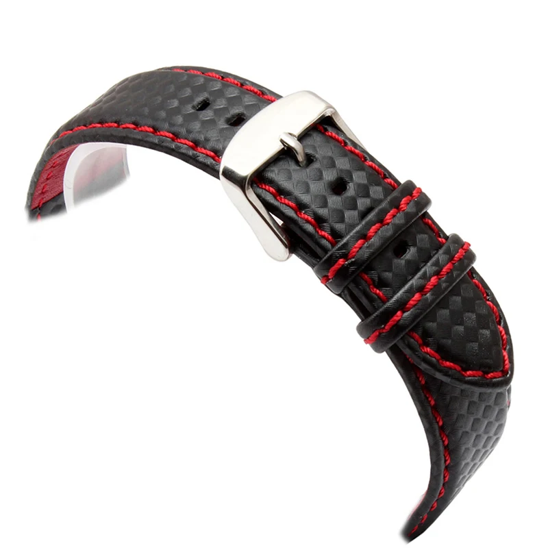 Black Red Orange Stitched Carbon Fiber Leather Sports Watch Band with Steel Clasp