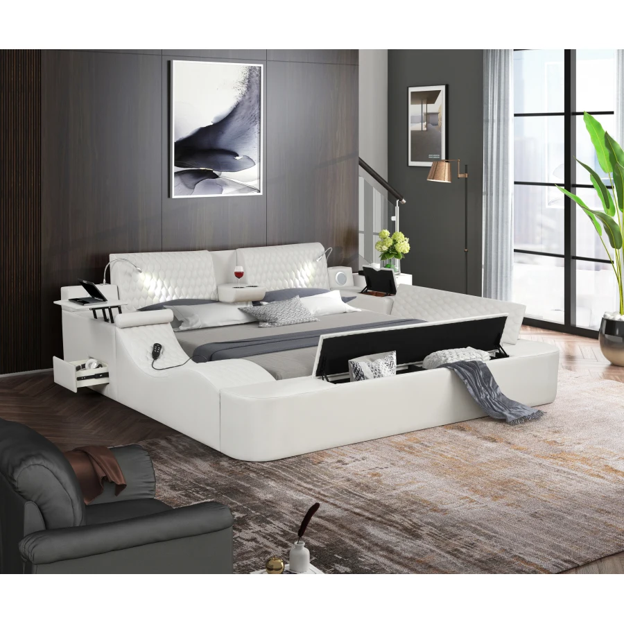 

White multi-function bed solid wood bed super urban design smart bed with storage box king size