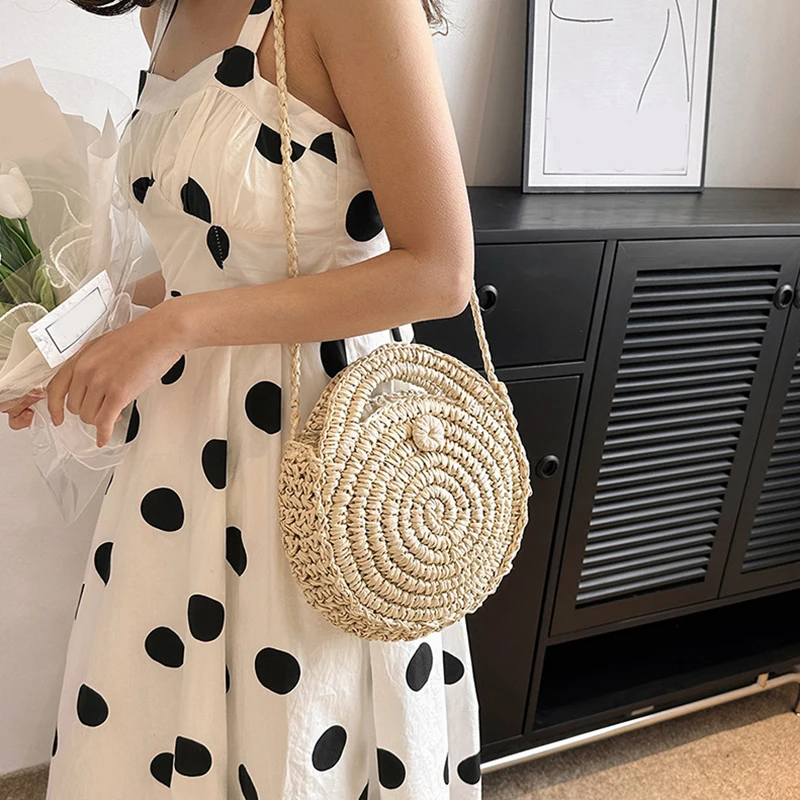 Straw Round Shoulder Bag 2024 Summer New Hawaii Hand-Woven Straw Bag Holiday Beach Beach Women's Handbag