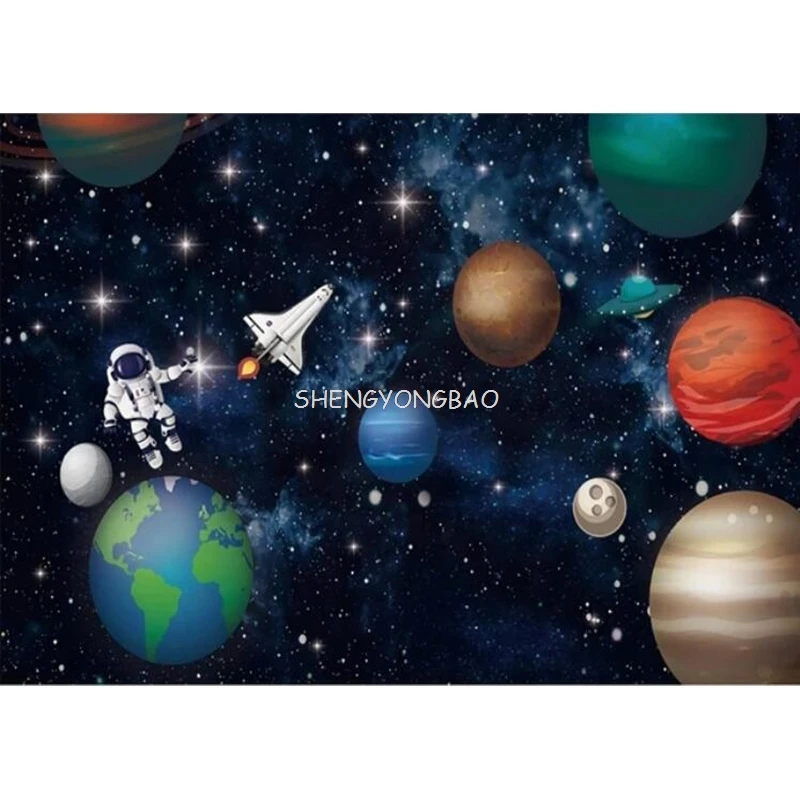 Photo Backdrop Outer Space Happy Birthday Backdrop Galaxy Planet Astronaut Rocket Photography Background Party Cake Table Banner Decor Props