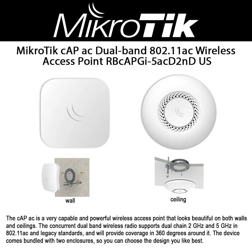 MikroTik RBcAPGi-5acD2nD 와이파이 실내 AP, 2x1000Mbps, 듀얼 밴드 2.4, 300Mbps 및 5GHz, 867 Mbps, Inodor 무선 액세스 포인트