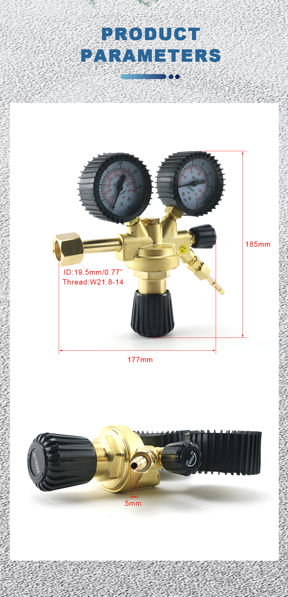 Description Picture 4 of itemBrass Nitrogen Regulator 0-4500PSI Gas Pressure Reducing Valve Connection Gauges MAG / MIG Welding W21.8 Thread