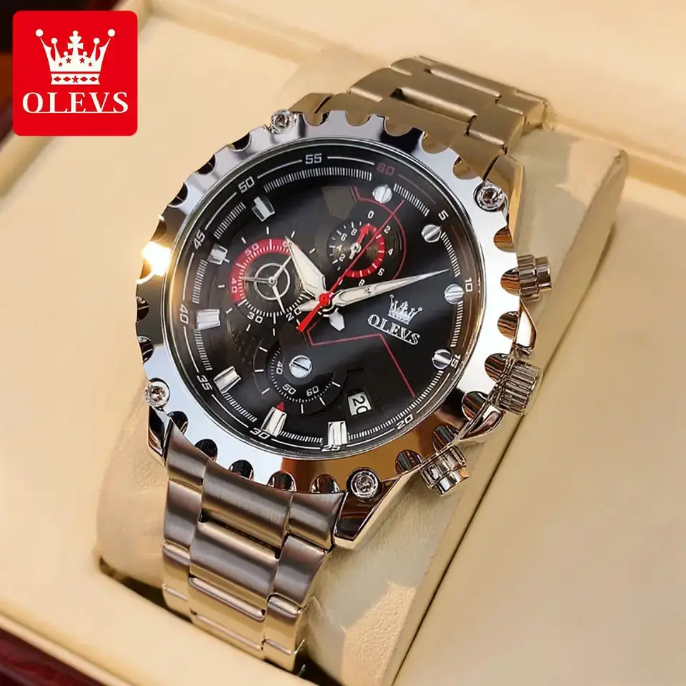 OLEVS Quartz Watches for Men Three Eyes Dial Waterproof Luminous Luxury Stainless Steel Fashion Business Wristwatch Reloj Hombre