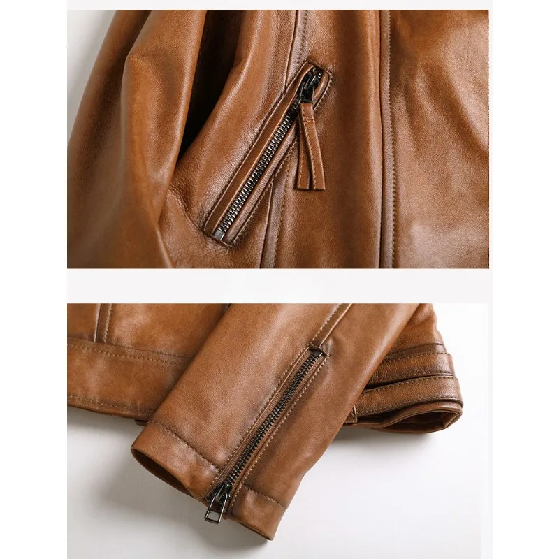 Women's PU Leather Slim Short Jacket, Sheep Leather Jacket, Warm Leisure Outwear, Female Fashion, New, Autumn, Winter, 2024