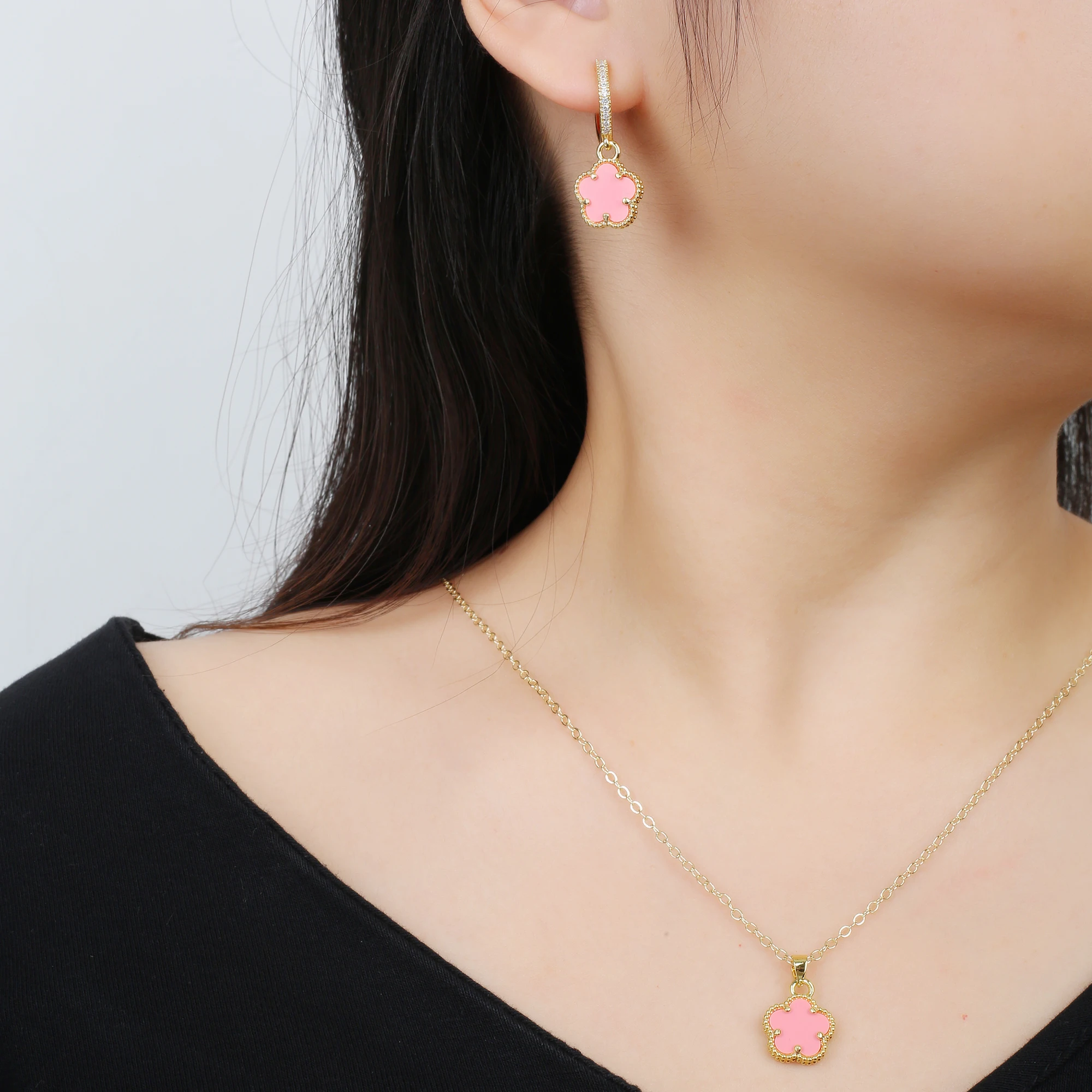 Plant Flowers Geometric Five Leaf Petals Women Earrings Shiny Clover Bridal Lovely Gift stud earrings,flower earrings,geometric earrings