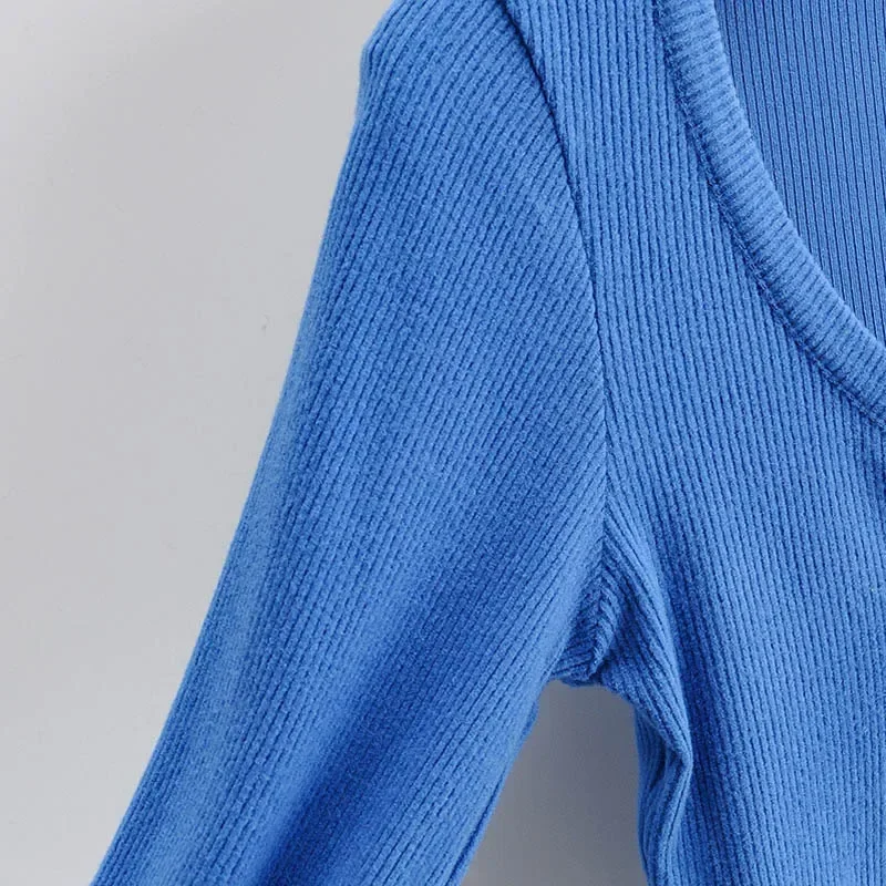 Slim V-neck Long Sleeve Bottomed Womens Tops And Blouses High Street Solid Color Open Navel Cardigan