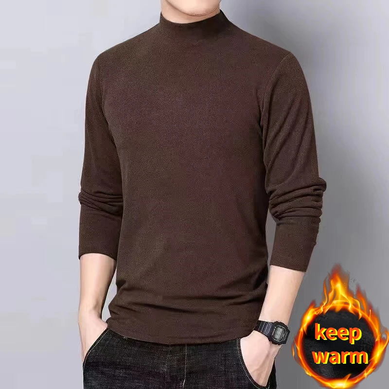 

Winter New Warm Long-sleeved T-shirt Men's Double-sided German Velvet Half-high Collar T-shirt with Solid Color Bottoming Shirt