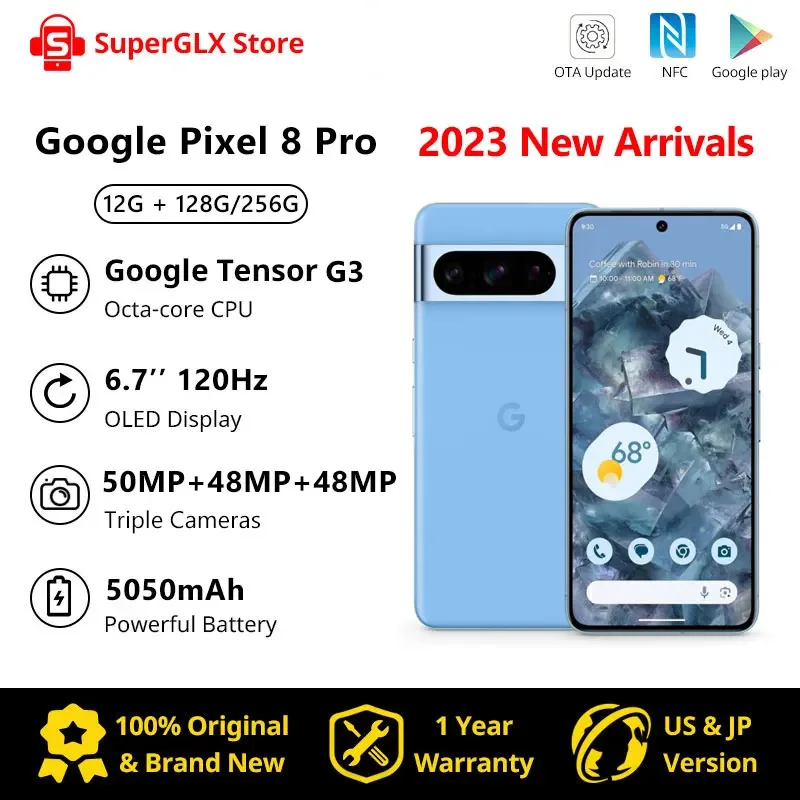 Новинка 2023, смартфон Google Pixel 8 Pro, 6,7 дюймов, 12 Гб, 128 ГБ, Android 14, IP68, пылезащитные/водостойкие камеры 50 МП