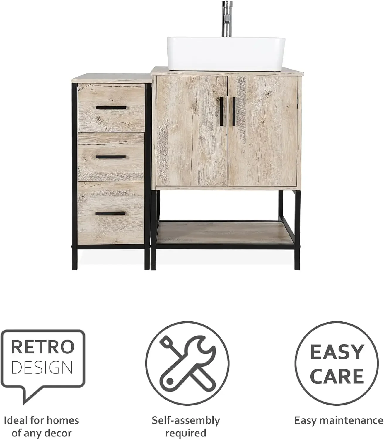 36" Bathroom Vanity Sink Combo Modern Metal Stand Cabinet W/Bottom Shelf & Storage Side Cabinet White Rectangle Vessel Sink 3