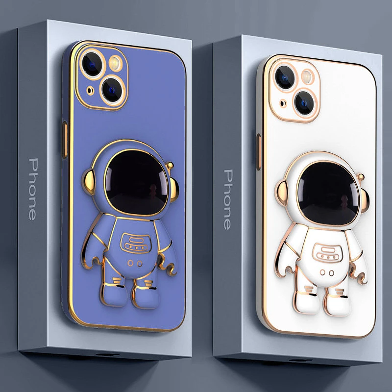 Popular Fashion Astronaut Folding Stand for IPhone 11 12 13 Pro Max Mini XS XR X 7 8 Plus SE XSM Luxury Electroplated Phone Case cute iphone 11 cases