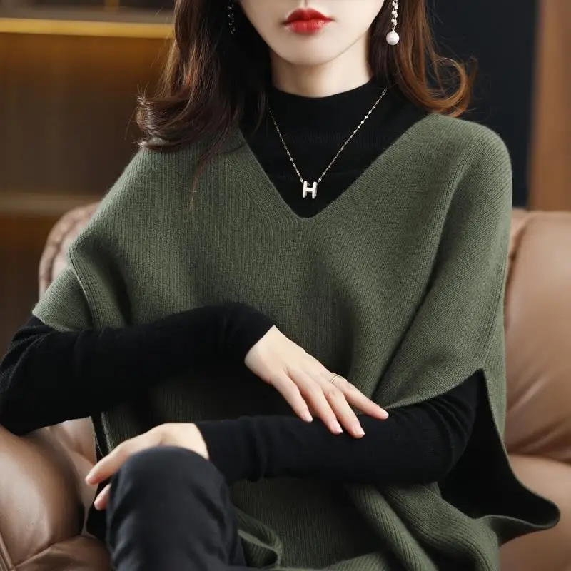 

Commute Solid Color Knitted Sweater Vest Casual Sleeveless Spring Autumn Elegant V-Neck Female Clothing Korean Loose Jumpers New