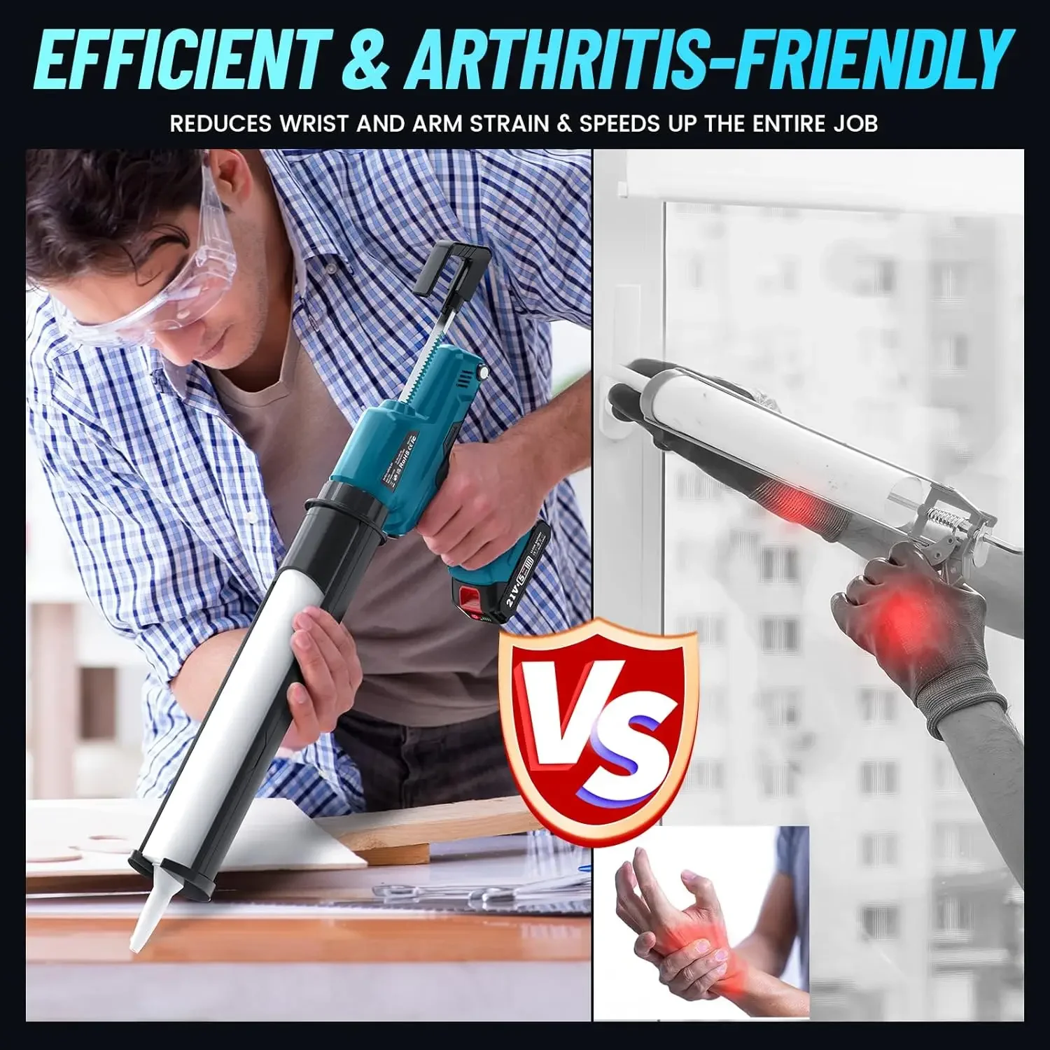 Cordless Caulking Gun, 29oz Electric Caulking Gun w/ 2000mAh Li-ion Battery, Caulk Gun with Stepless Speed Control, LED Light, 3 2