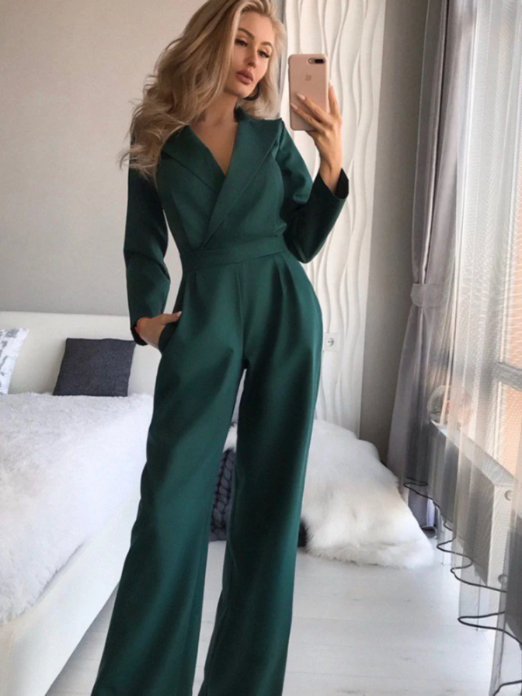 Комбинезон женский с длинным рукавом однотонный приталенный ромпер брюками