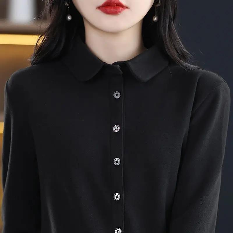 Women's Autumn Winter Fashion Simple Solid Color POLO Collar Button Casual Versatile Long Sleeved Slim Fit Shirt Cardigan Tops