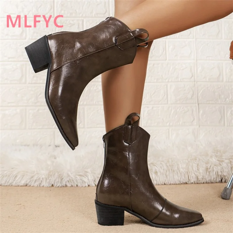 New Winter European American Pointed Retro Coarse Heel Boots Feminine Style Simple Large Short Boots Cowboy Boots for Women