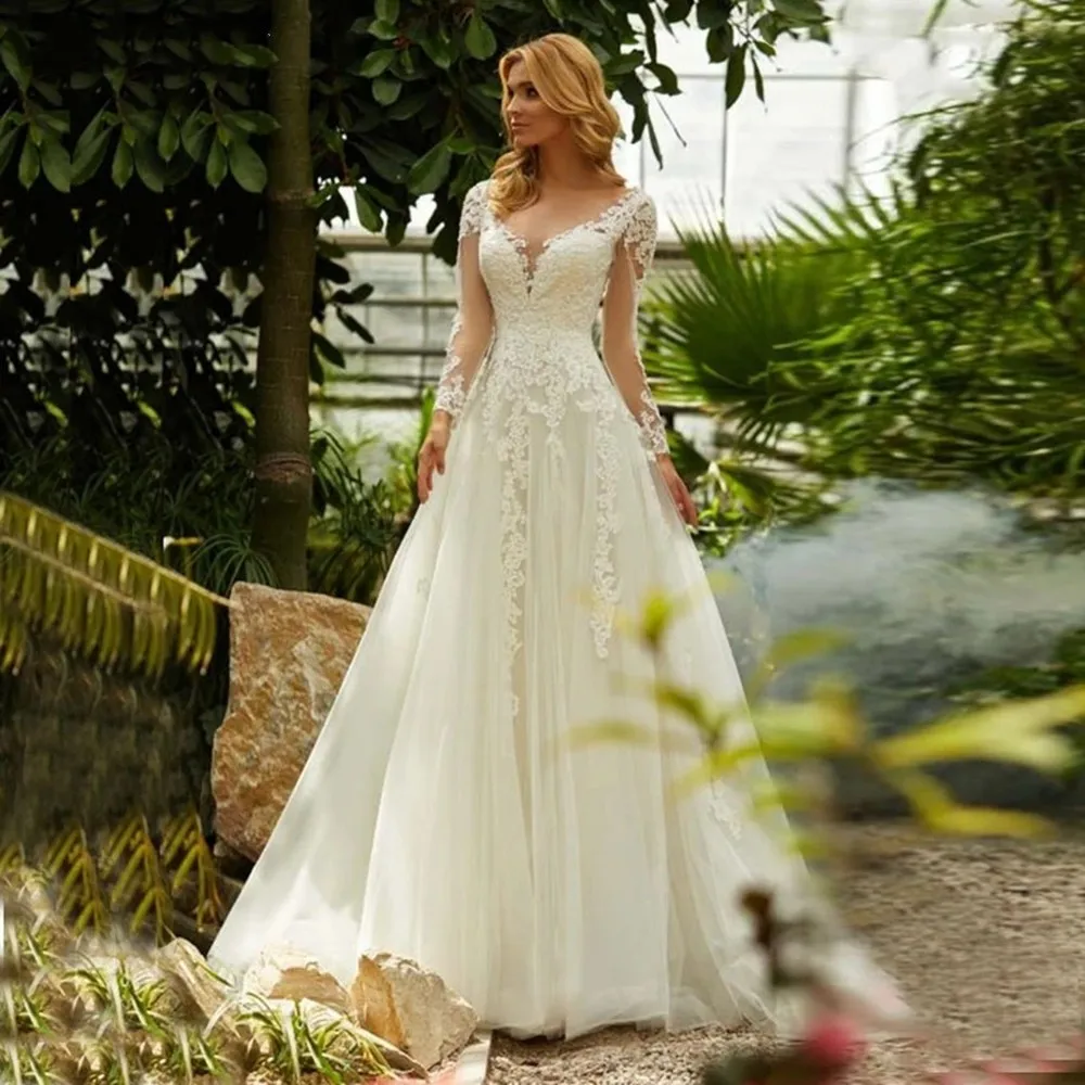 

Elegant Illusion Women Wedding Dresses V-Neck Fluffy A-Line Bridal Gowns Long Sleeves Lace Appliques A-Line Vestidos De Novias