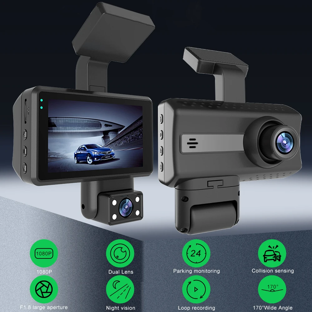 Car Dual Lens Dash Cam HD 1080P Front/Rear/Inside Video Recorder Camera  G-sensor