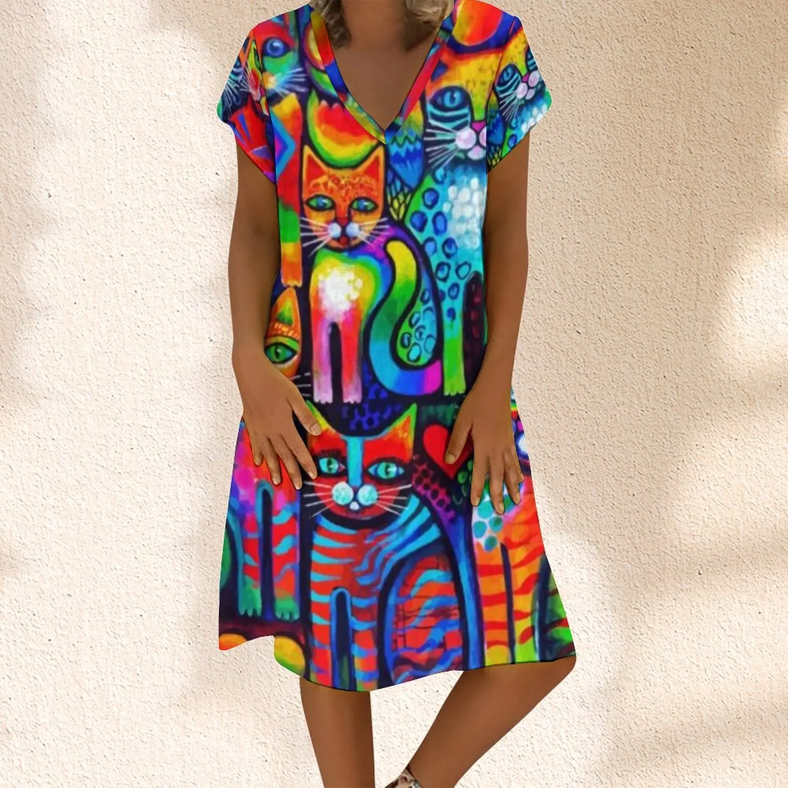 

Summer Women's Sexy Dress Holiday Clothing Abstract Colorful Cat Print Boho Evening Dress