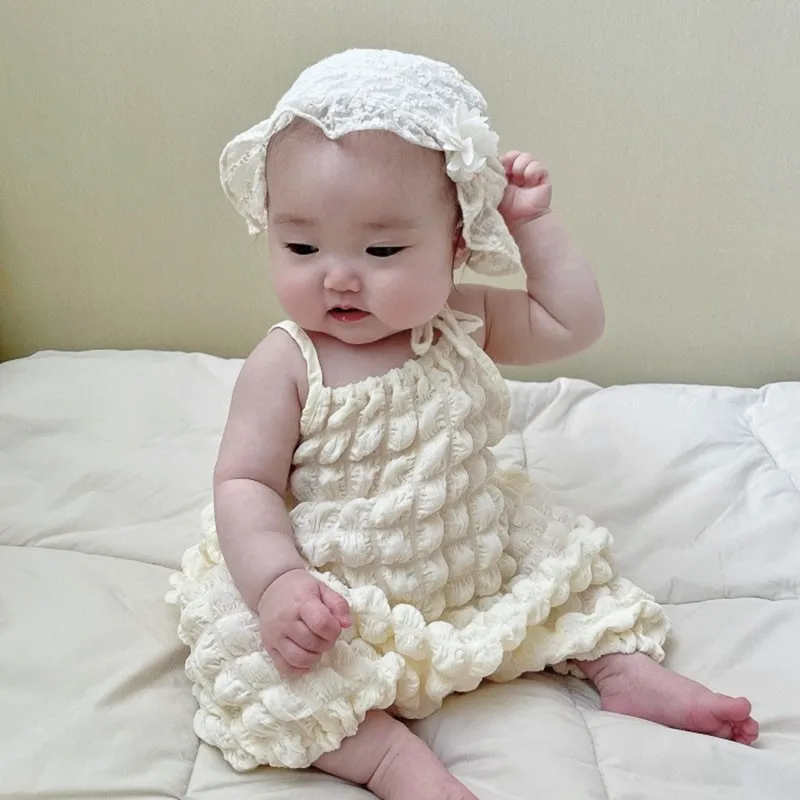 

New Girl Infant Summer Fashion Puff Waffle Suspenders Jumpsuit Newborn Solid Simple Sleeveless Princess Onesie Kid Plaid Romper