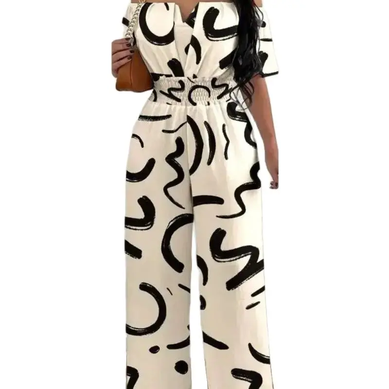 

Sexy Off Shoulder Print Jumpsuit Women Loose Wide Legs Trousers Ladies One Pieces Full Length For Women Jumpsuit 2024 Spring