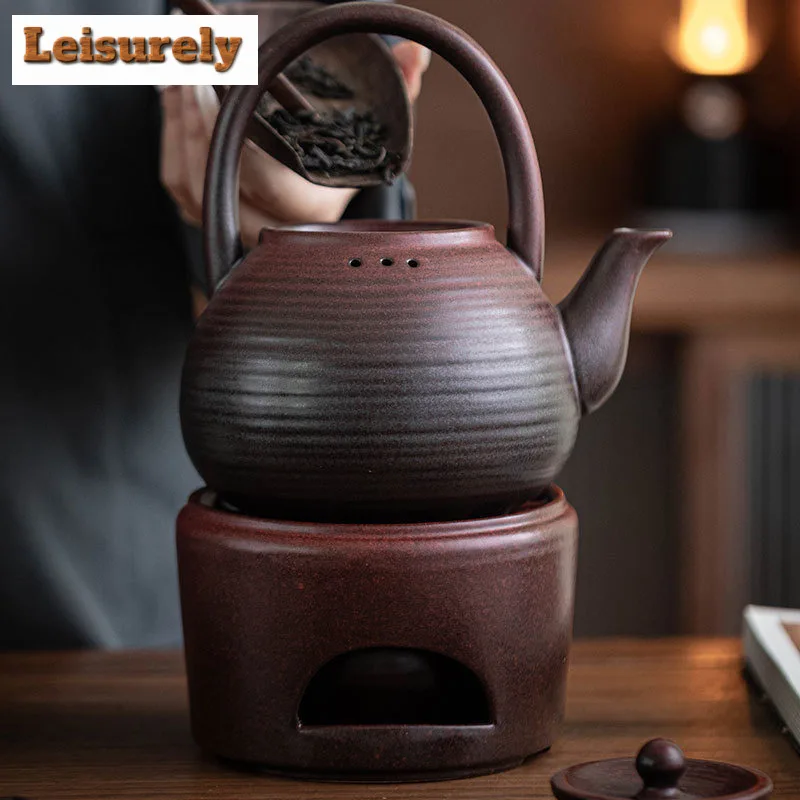 1000ML Retro Threaded Lifting Handle Teapot Chinese Ceramic Health Pot Large Capacity Boiling Water Kettle Kung Fu Tea Set