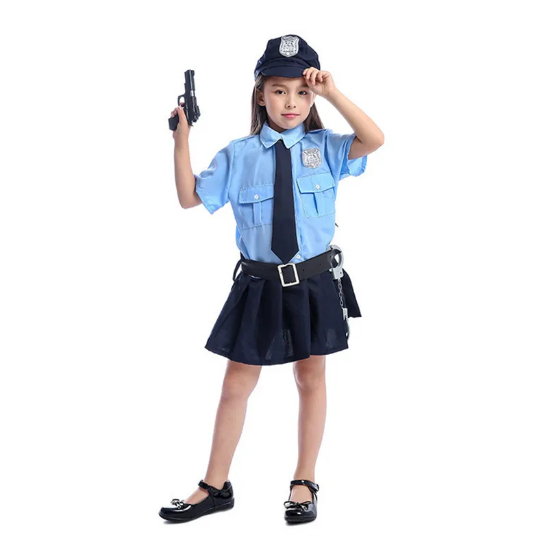 Girls Police Officer Dress Costume Halloween Costume Set Shirt Roll-Up Top Lace-Up Police Woman Dress + Hat Playset
