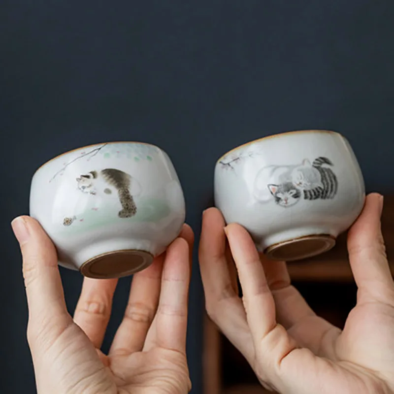 Ru Kiln Lovely Cat Ceramic Porcelain Teacup Teaware Ceremony Set Chinese Kung Fu Tea Cup Drinkware Office Master Cup Gifts 95 ml